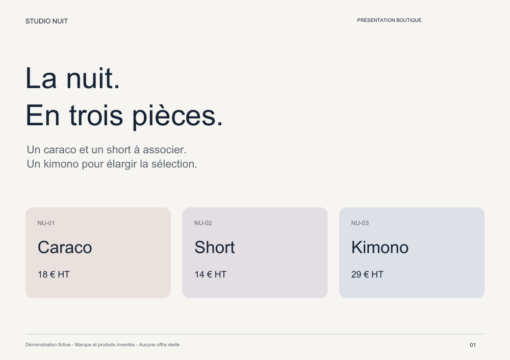Support fictif Studio Nuit : une sélection de trois pièces pour une boutique.